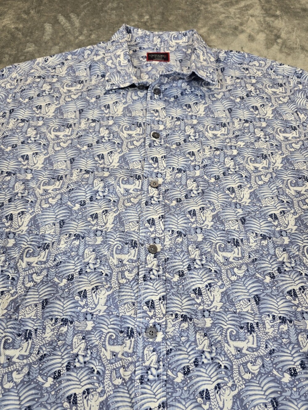 Untuckit Rajpal Jungle Monkey Print Button Up Shirt Size XL Blue